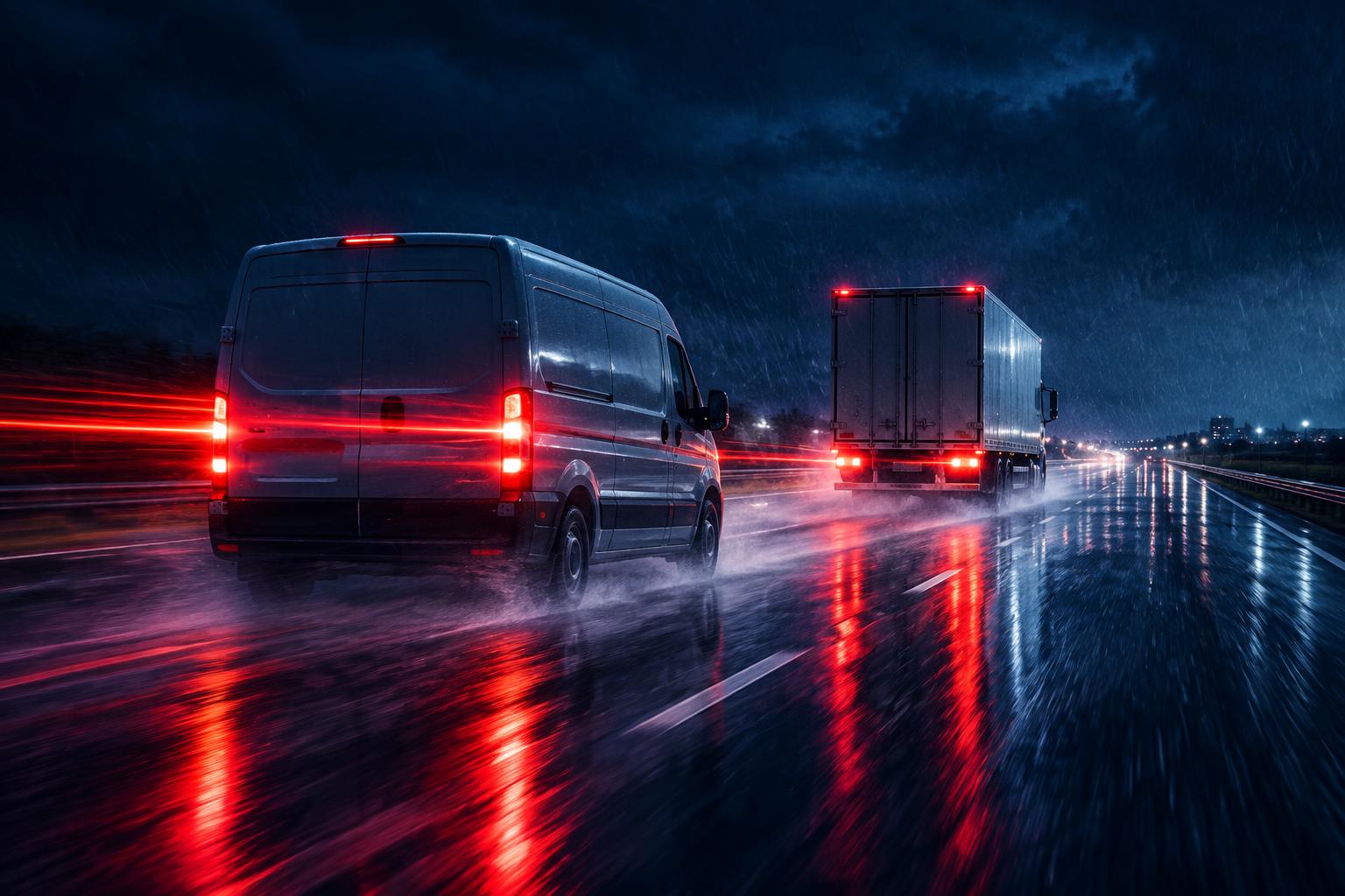 A box truck and van running a wet highway at night with taillights reflecting