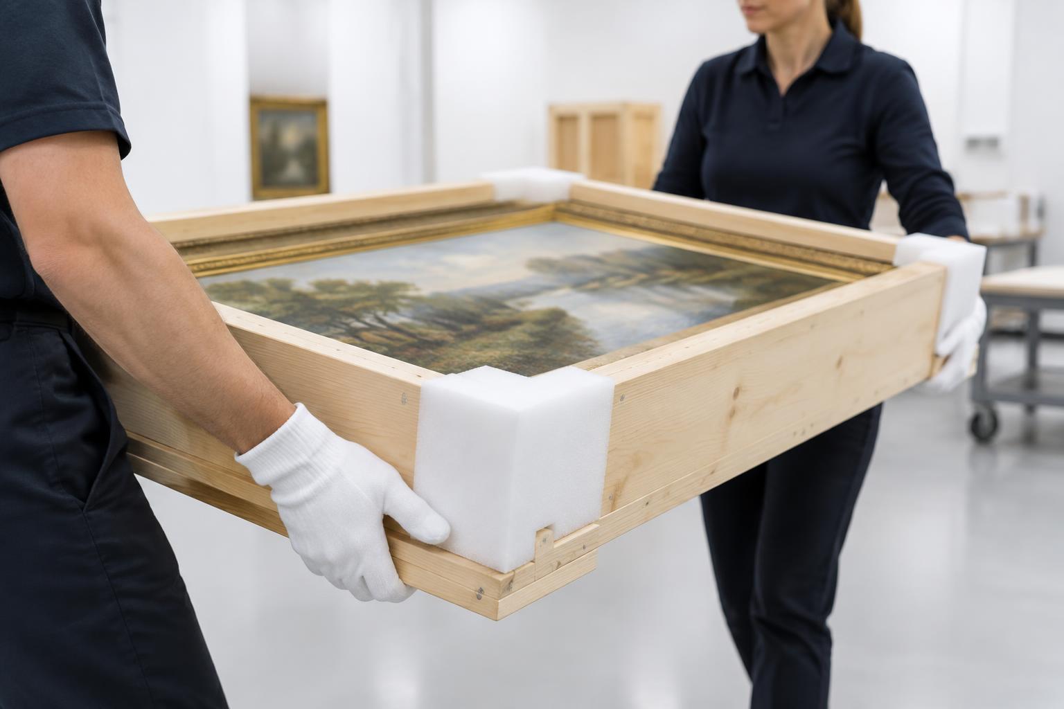 Two handlers in white cotton gloves carrying a crated framed painting