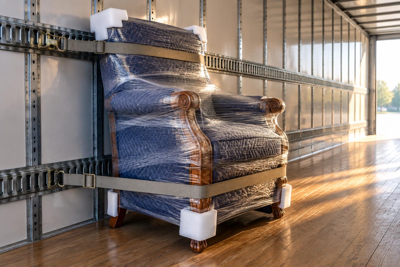 An upholstered armchair wrapped in padding and straps secured to trailer wall track