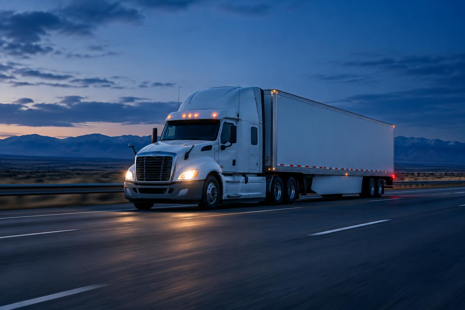 An unmarked dry van semi truck running an open interstate at blue-hour dusk