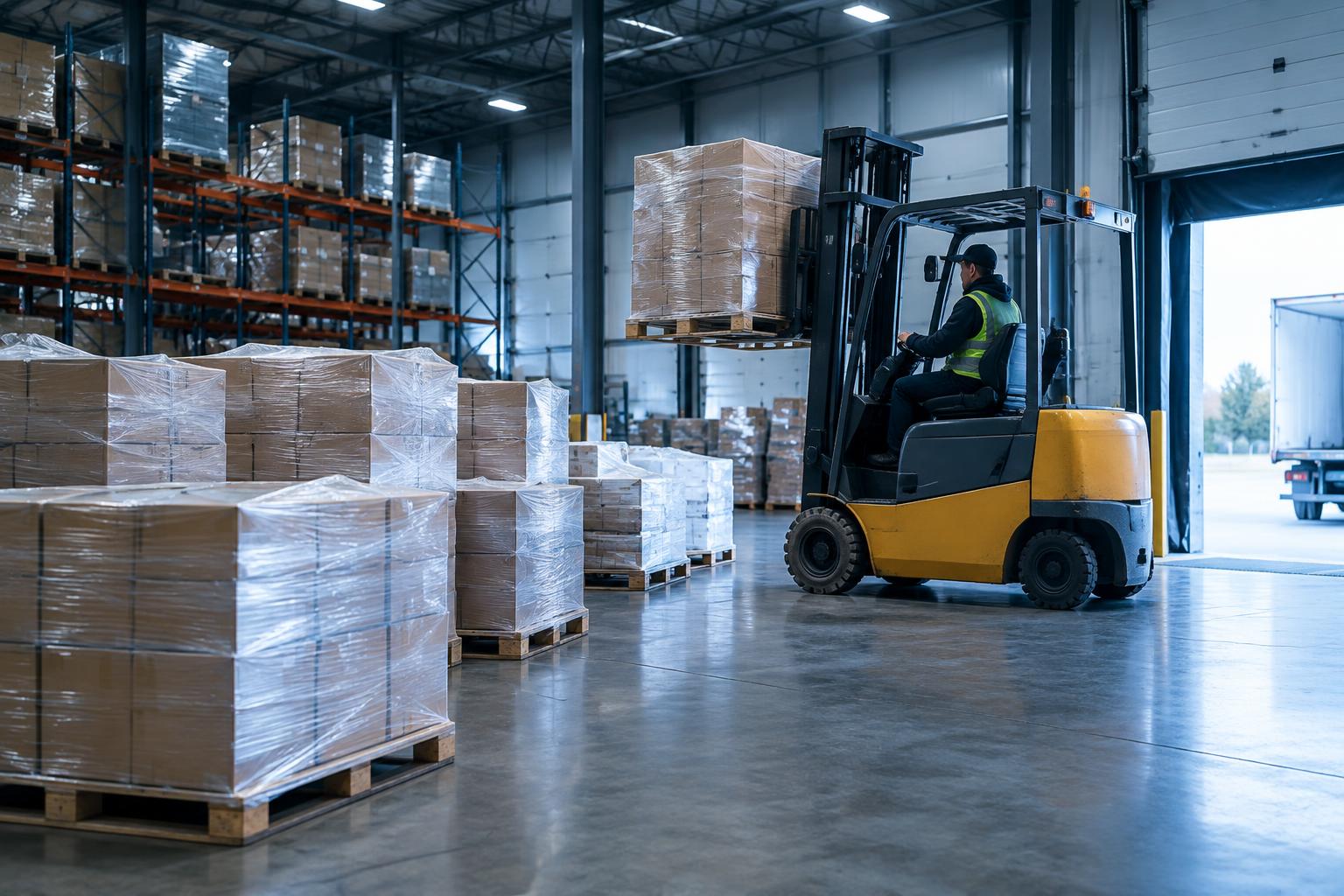 A forklift staging a stretch-wrapped pallet of freight on a warehouse dock