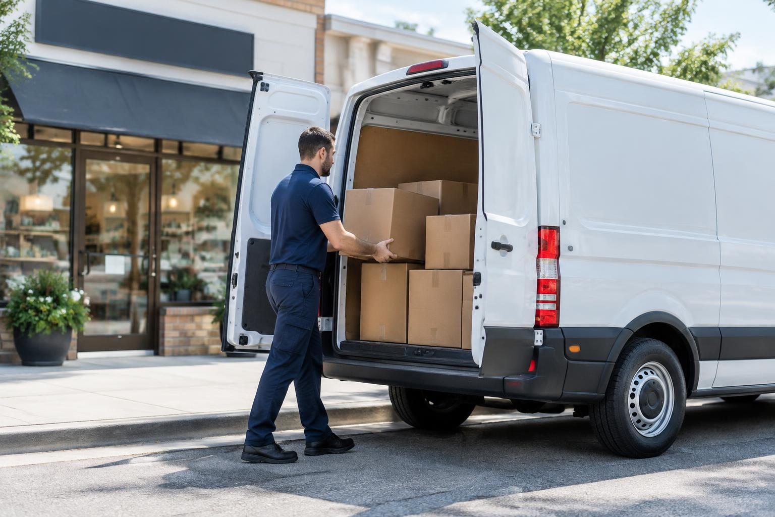 A courier loading cardboard parcels into the rear of a cargo van outside a storefront